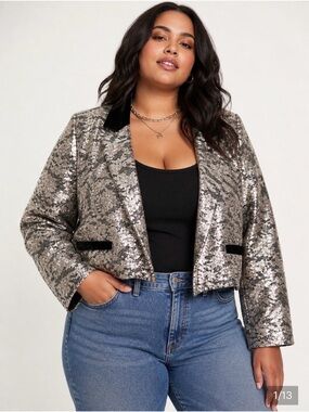 We The Free Sequin Animal Print Cropped Blazer in Metallic Taupe and Black